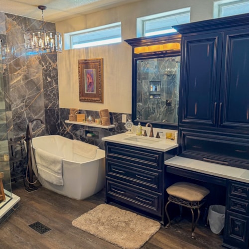 Traditional Bathroom with Painted Blue Cabinets